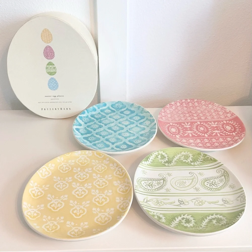 Pottery Barn Ceramic Colorful Easter Egg Shape Plate Set Pastel Yellow Pink Blue